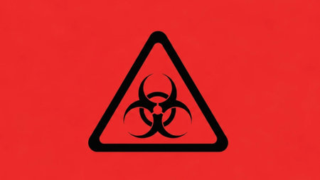 Warning sign with biohazard symbol on red background. Vector illustration.の素材