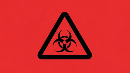 Warning sign with biohazard symbol on red background. Vector illustration.の素材
