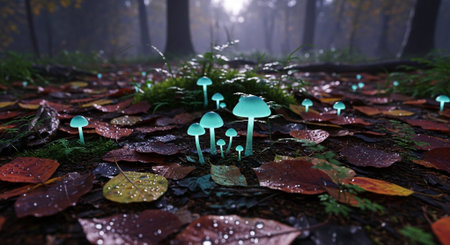 Fantasy mushrooms in the forest. 3d illustration. Computer generated image.の素材