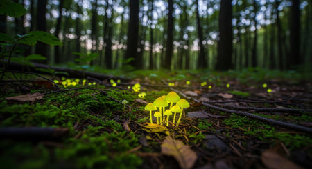Fungi growing in the forest in the morning light. Selective focus.の素材