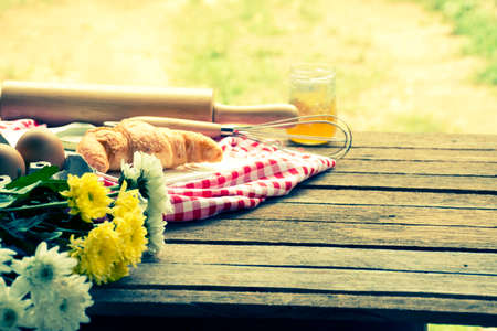 Bakery and Equipment on wooden background.outdoor.Background for hobby or make bakery.Background for activity holiday or foodの写真素材