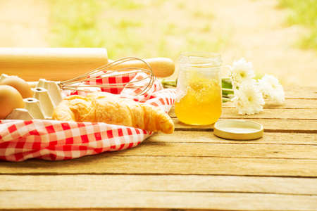 Bakery and Equipment on wooden background.outdoor.Background for hobby or make bakery.Background for activity holiday or food.の写真素材