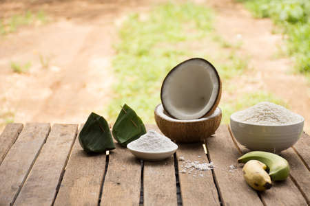 Food and dessert from banana leave with raw material .Lemon and coconut powder and Sticky rice on...