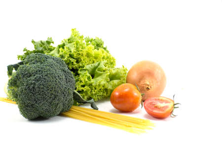 Fruits and vegetables,Lettuce, Broccoli,onion,tomatoes, spaghetti isolated.on white background.center.Healthy care or food for health and raw material of food.の写真素材