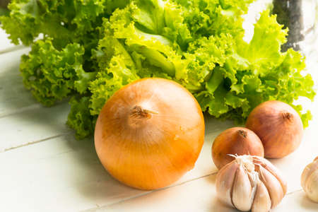 Vegetebles and ingredient such as  garlic and etc.Close upの写真素材