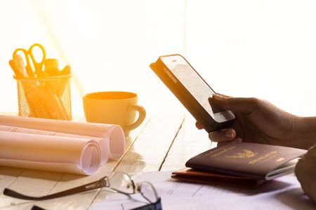 Background travel plan or equipment for journey such as passport and etc.の写真素材