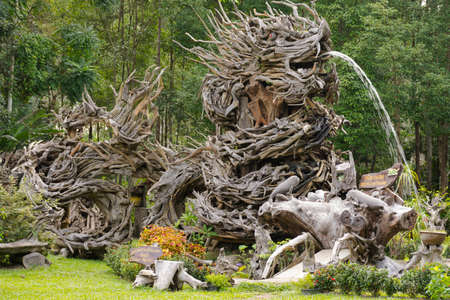 Wooden dragon symbol of Thep-Tha-Ro in Huay-Yod City of Trang in thailand ,October-25-2016,Zoom in.の写真素材