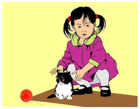 little girls with kittenのイラスト素材