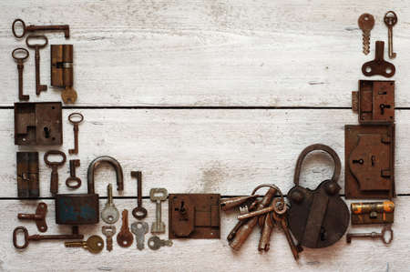 old keys and padlocks frameworkの写真素材