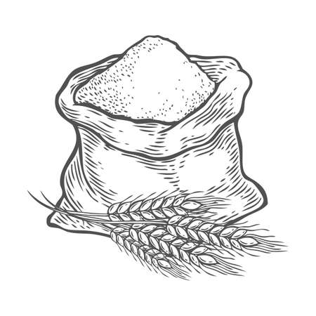 Sack with whole flour or sugar with ear wheat. Hand drawn sketch style. Vintage black vector engraving illustration for label, web, flayer bakery shop. Isolated on white background.のイラスト素材