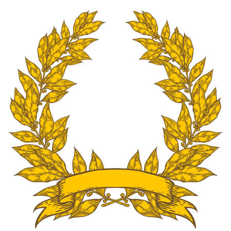 Golden Laurel with ribbon Bay leaf Hand drawn vector illustration. Vintage decorative laurel wreath. Sketch design elements. Perfect for invitations, greeting cards, quotes, blogs, posters and more.のイラスト素材