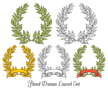 Laurel set with red ribbon Bay leaf Hand drawn vector illustration. Vintage decorative laurel wreath. Sketch design elements. Perfect for invitations, greeting cards, quotes, blogs, posters and more.のイラスト素材