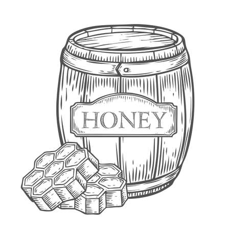 Honey barrel, honeycomb vintage set. Engraved organic food hand drawn sketch illustration. Black isolated on white background.のイラスト素材