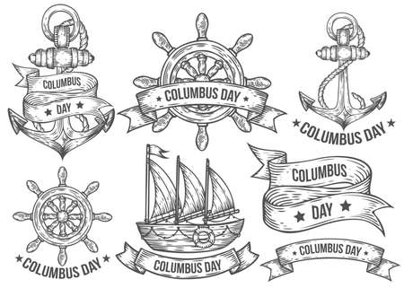 Happy columbus day vector hand drawn illustrations engraved set. Retro vintage nautical doodles, helm, boat, ship, anchor, ribbons. Sketch logo, emblem, banner, labels. Isolated on whiteのイラスト素材