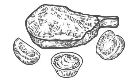 Steak ribeye beef, grilled hot meat bbq dish with sause and tomato. Label meat. for menu design. vector logo for printing and stamping. Engraved hand drawn vector illustration in retro vintage style.のイラスト素材