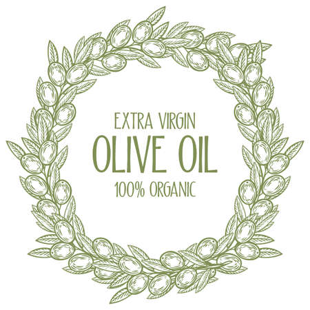 Olive laurel wreath and branch hand drawn vector illustration. Leave and berry round frame isolated on white background. Extra vigrin olive oil emblem, logo.のイラスト素材