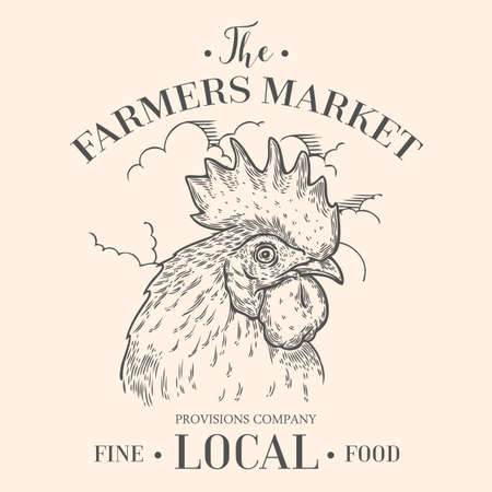 Farmers market emblem with rooster cock head. Monochrome medieval set vintage engraving sign isolated on white background. Sketch vector hand drawn illustration. Locally grown, fresh food retro style.のイラスト素材