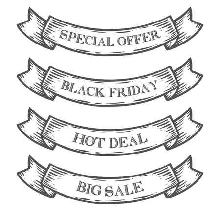 Sale Black friday shop emblem ribbon. Monochrome medieval set vintage engraving sign isolated on white background. Sketch vector hand drawn illustration. Hot deal, big sale retro style.のイラスト素材