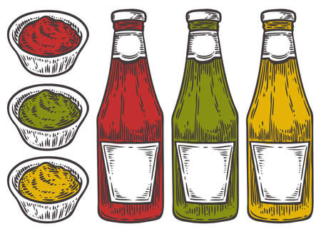 Tomato, mustard, guacamole sauce, ketchup set vector. Isolated on white background. Food ingredient. Engraved hand drawn illustration in retro vintage style. Organic Food, dishes component, spiceのイラスト素材