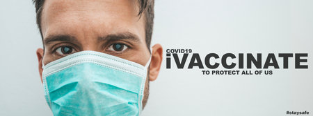Covid19 vaccine - Anti Coronavirus disease COVID-19 infection isolated man covered by facemask with typography and copy spaceの写真素材