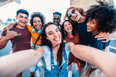 Multicultural happy friends having fun taking group selfie portrait on city streetの写真素材