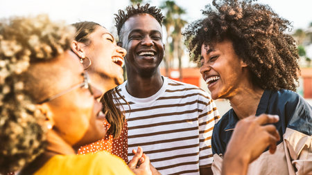 Multiracial friends group having fun on city streetの写真素材