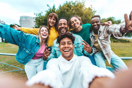 Happy young people smiling together at camera outside