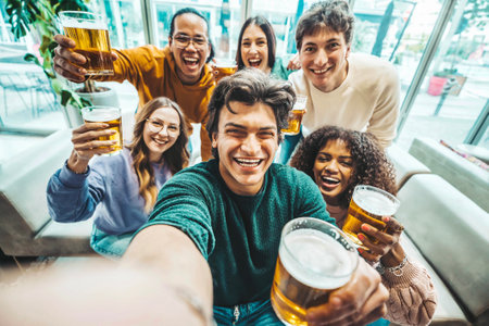 Happy friends taking selfie picture at brewery pub restaurant