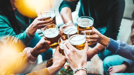 Group of people drinking beer at brewery pub restaurantの写真素材