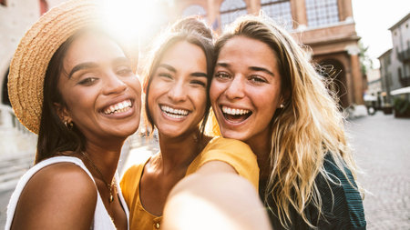 Three young women taking selfie walking on city streetの写真素材