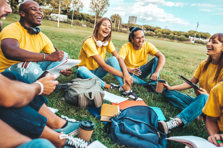 College students studying together in university campusの写真素材