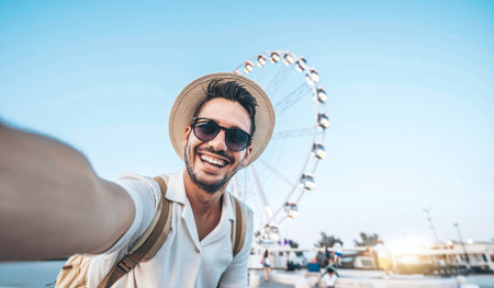 Happy tourist taking selfie on summer vacation - Smiling guy looking at camera outsideの写真素材