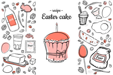 Easter cake recipe two-colored black outline on white background