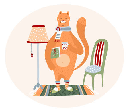 Illustration of a cat in a cozy interior drinks tea.のイラスト素材
