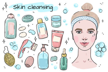 A collection of facial cleansers on white backgroundのイラスト素材