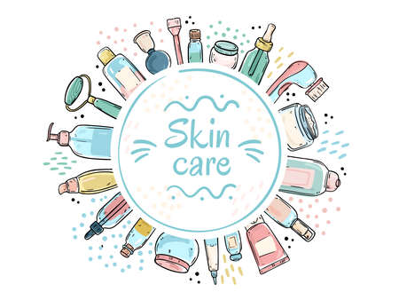 Illustration of skin care products. Circle shaped template with place for text.のイラスト素材