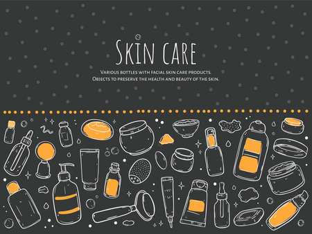 A set of items for skin care. White outline on a dark background.のイラスト素材