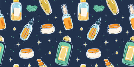 Seamless pattern with illustrations of different types of skin care products.