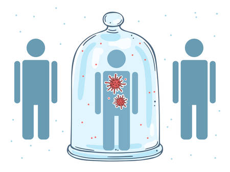 Illustration of the man quarantined under a glass cover. Simple style. Isolated on a white background.のイラスト素材