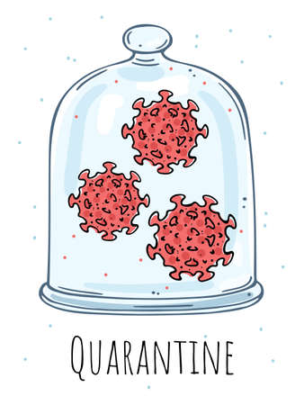Illustration of a virus under a glass bell. Quarantine. Color image on a white background.のイラスト素材