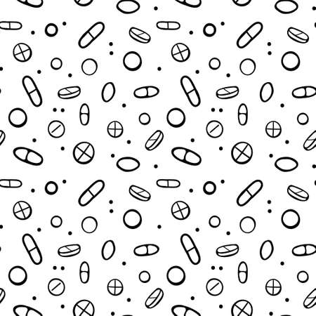 Seamless pattern of tablets, pills in a drawn style. Monochrome image on a white background.のイラスト素材