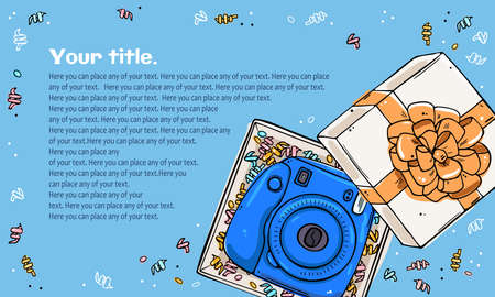 Illustration of a gift box with an instant print camera inside. Place under the text. Isolated on a...