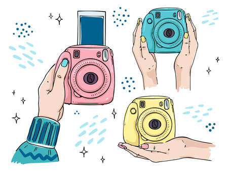 Set of illustrations of female hands holding a fast print camera. Different positions. Isolated on a white background.のイラスト素材