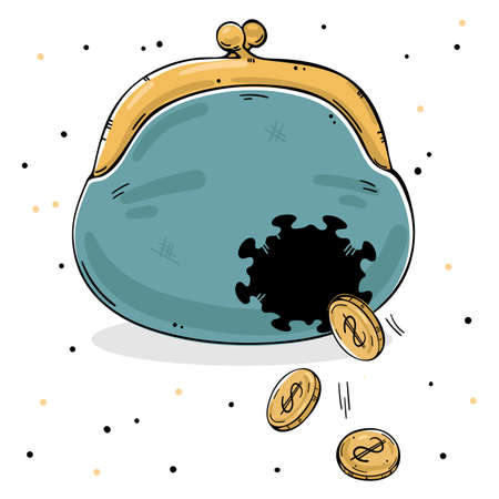 A wallet with a hole in the shape of a coronavirus. Coins fall out. Depicts financial loss from a pandemic.のイラスト素材