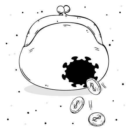 A wallet with a hole in the shape of a coronavirus. Coins fall out. Depicts financial loss from a pandemic.のイラスト素材