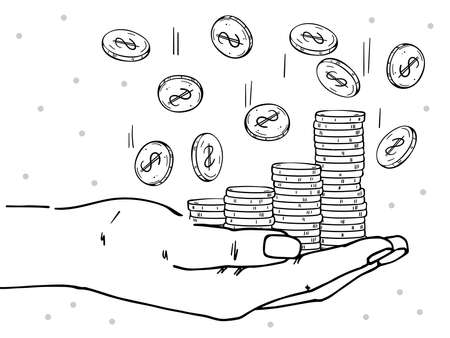 Palm with stacks of coins. Coins are falling down. Depicts profit growth, financial success, increase in cash.のイラスト素材