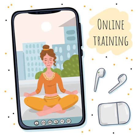 Girl leads a lesson online. Training on the phone screen.のイラスト素材