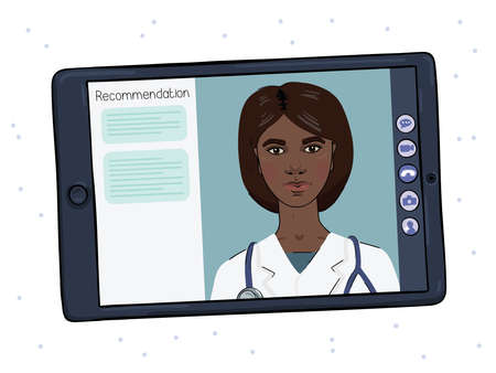 A dark-skinned female doctor conducts an online counseling session. Telemedicine on a tablet.のイラスト素材