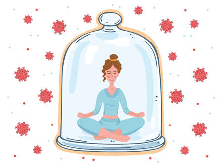 A girl under a glass dome inaccessible to viruses. Girl in a pose for meditation.のイラスト素材
