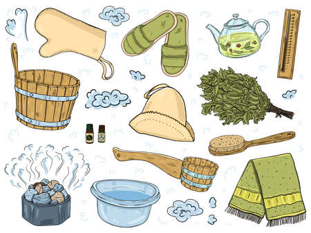 A set of items for the sauna. Isolated objects on a white background.のイラスト素材